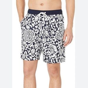 NWT Amazon Blue/White Floral Drawstring Hawaiian Swim Trunks Size Large